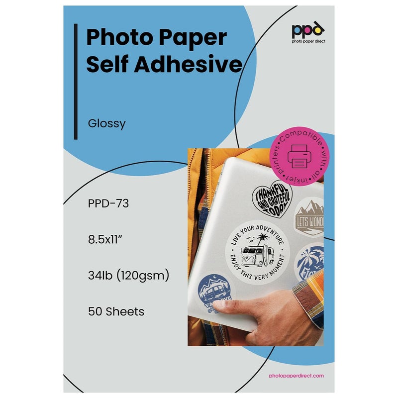PPD Premium Printable Sticker Paper for Inkjet Printer - 50 Sheets Photo Quality Paper 8.5 x 11 - Self-Adhesive and Instant Dry - PPD-73-50 - Image 1